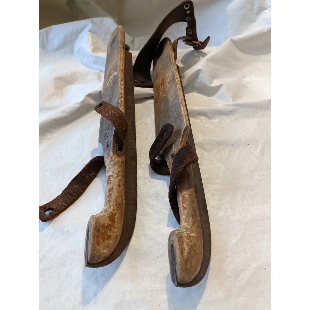 1800's Armada Primitive Antique Wood Steel Ice Skates Leather Straps Size 25